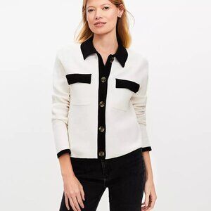 LOFT – Black & White Cropped Cardigan Tipped Sweater Jacket